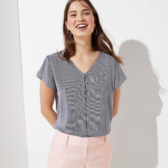 LOFT Tops - Loft Navy Blue & White Striped V Neck Button Petal Sleeve Blouse Medium